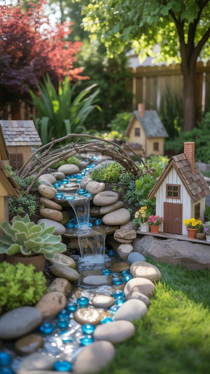9. Waterfall fairy garden with faux stream and bridge-2