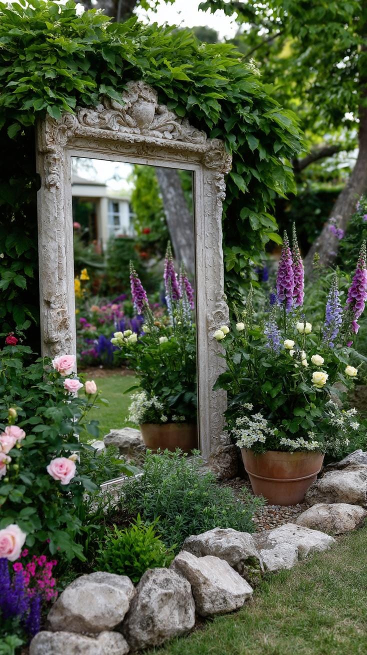 29 Vintage Garden Decor Ideas That Bring Rustic Charm Outdoors 90 22. Weathered mirror frame nestled in cottage foliage-0
