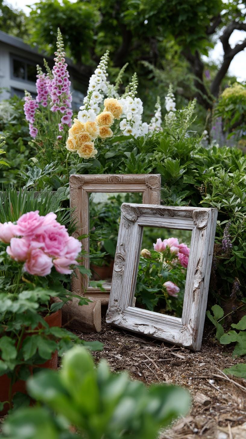 29 Vintage Garden Decor Ideas That Bring Rustic Charm Outdoors 93 22. Weathered mirror frame nestled in cottage foliage-1