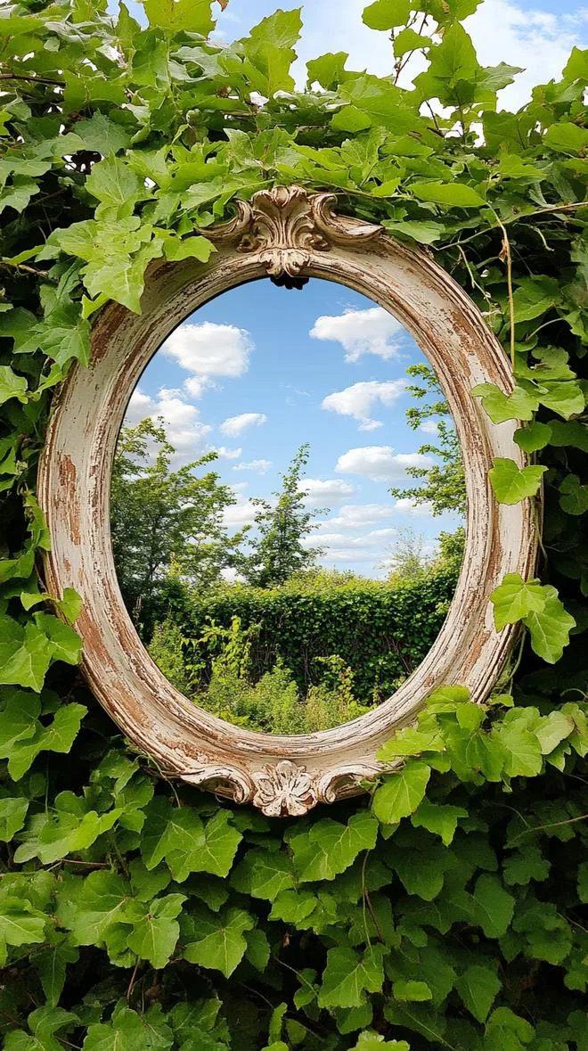 15. Weathered mirror framed by dense green ivy-0