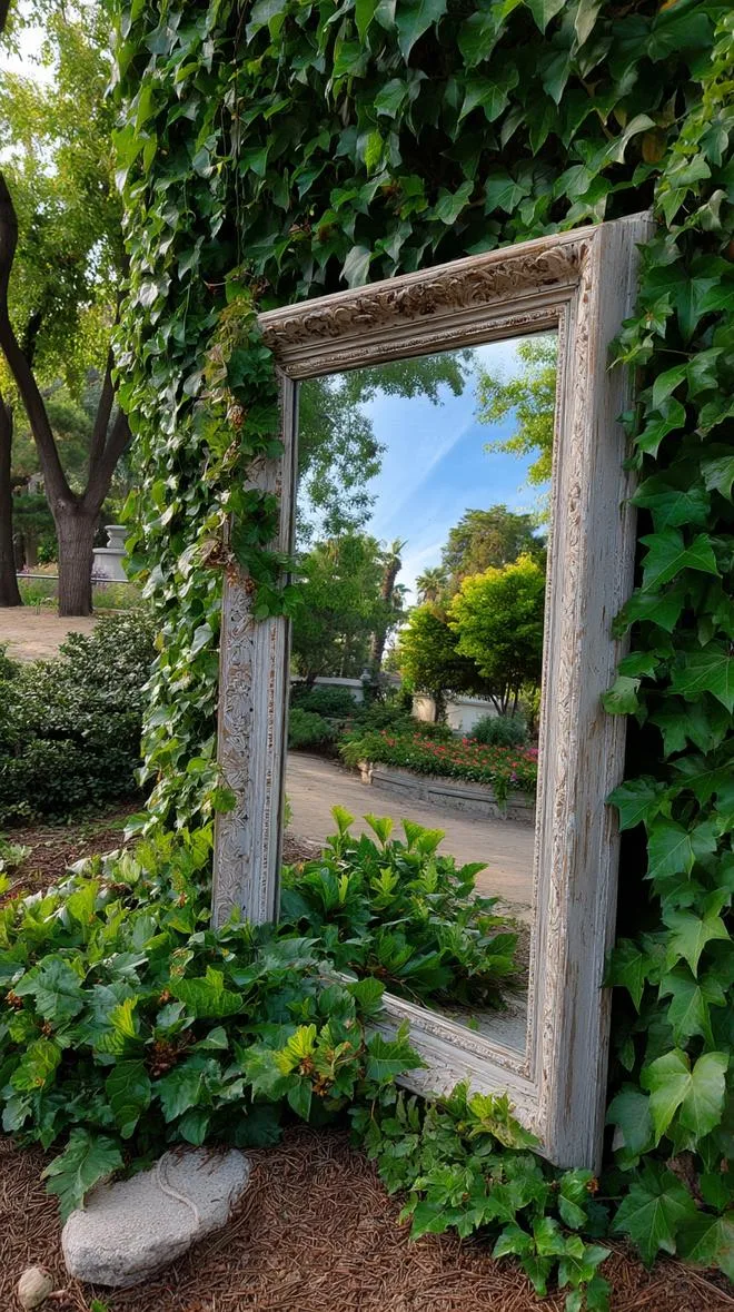 15. Weathered mirror framed by dense green ivy-1