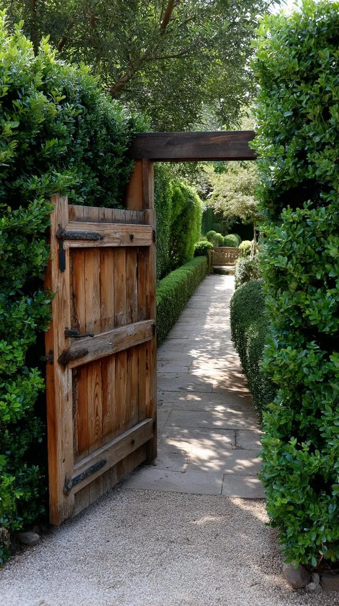 12. Weathered wooden gate surrounded by boxwoods-0