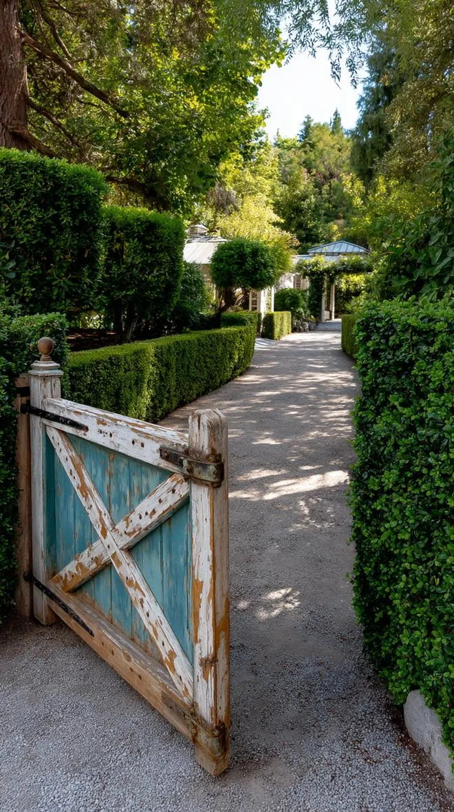 12. Weathered wooden gate surrounded by boxwoods-1