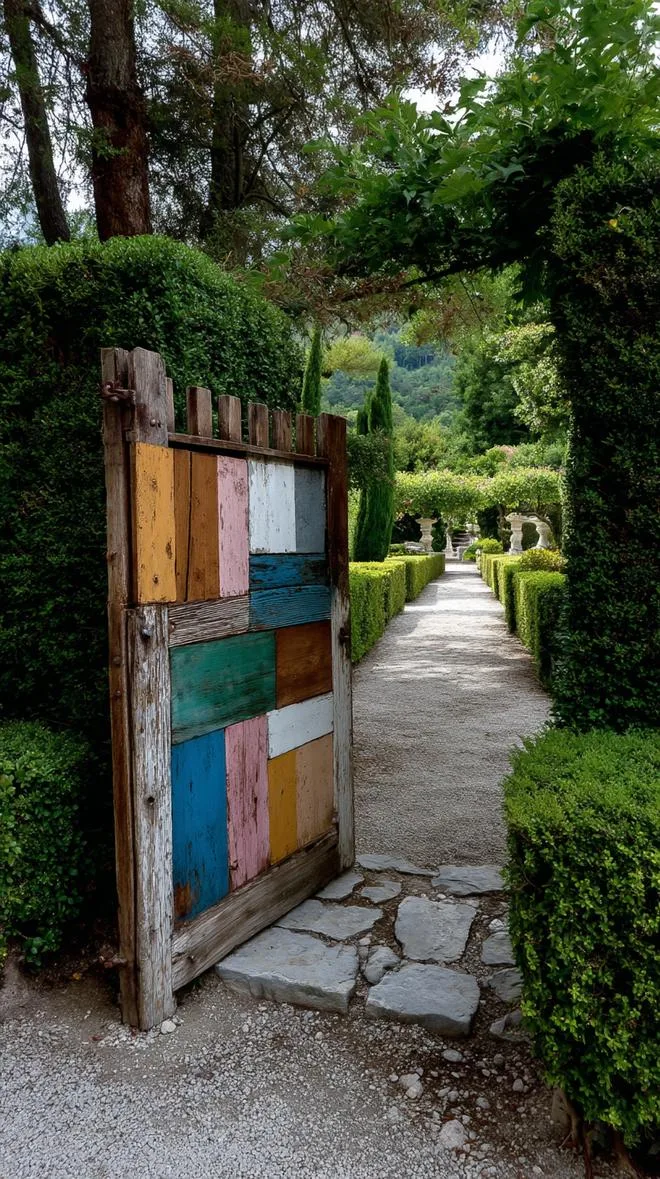 12. Weathered wooden gate surrounded by boxwoods-2