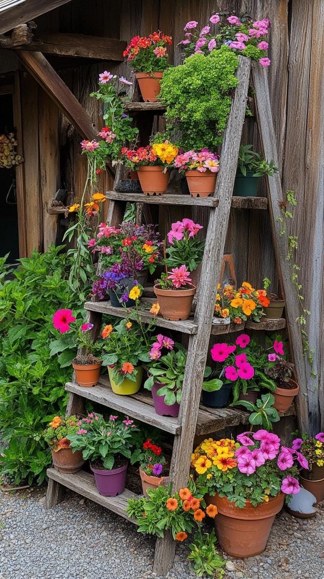 25 Rustic Farmhouse Garden Decor Ideas You Must See 6 2. Weathered wooden ladder used as a vertical planter-0