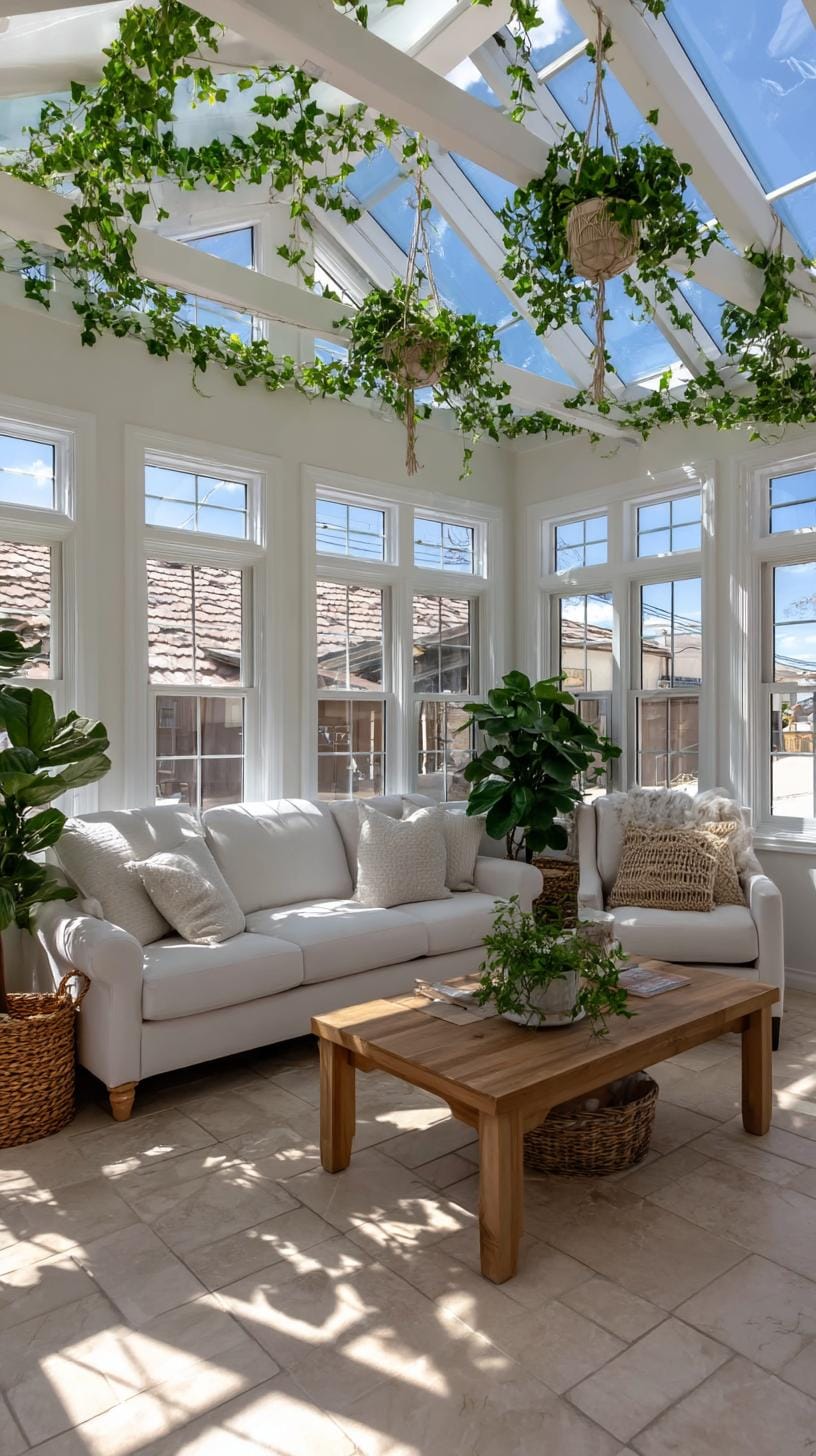12. White-framed sunroom filled with hanging greenery-0