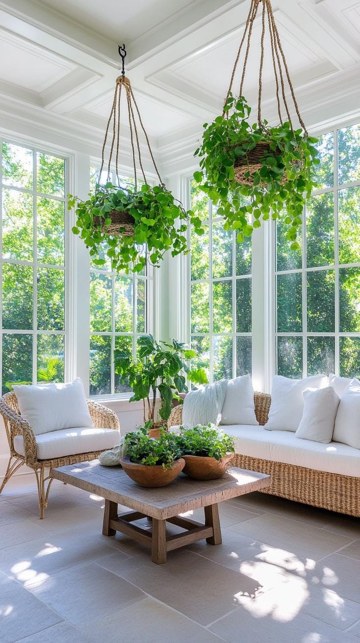12. White-framed sunroom filled with hanging greenery-1