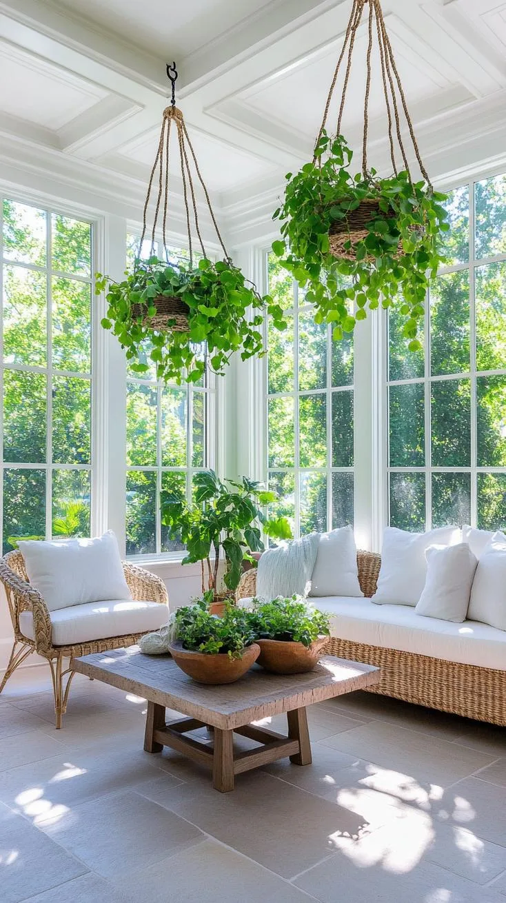 12. White-framed sunroom filled with hanging greenery-1