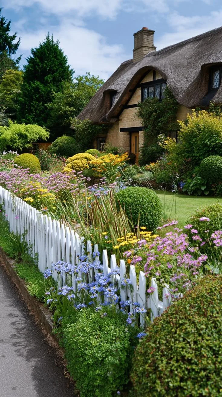 35 Dreamy Cottage Garden Ideas for Timeless Charm 9 3. White picket fence bordering pastel wildflower blooms-1