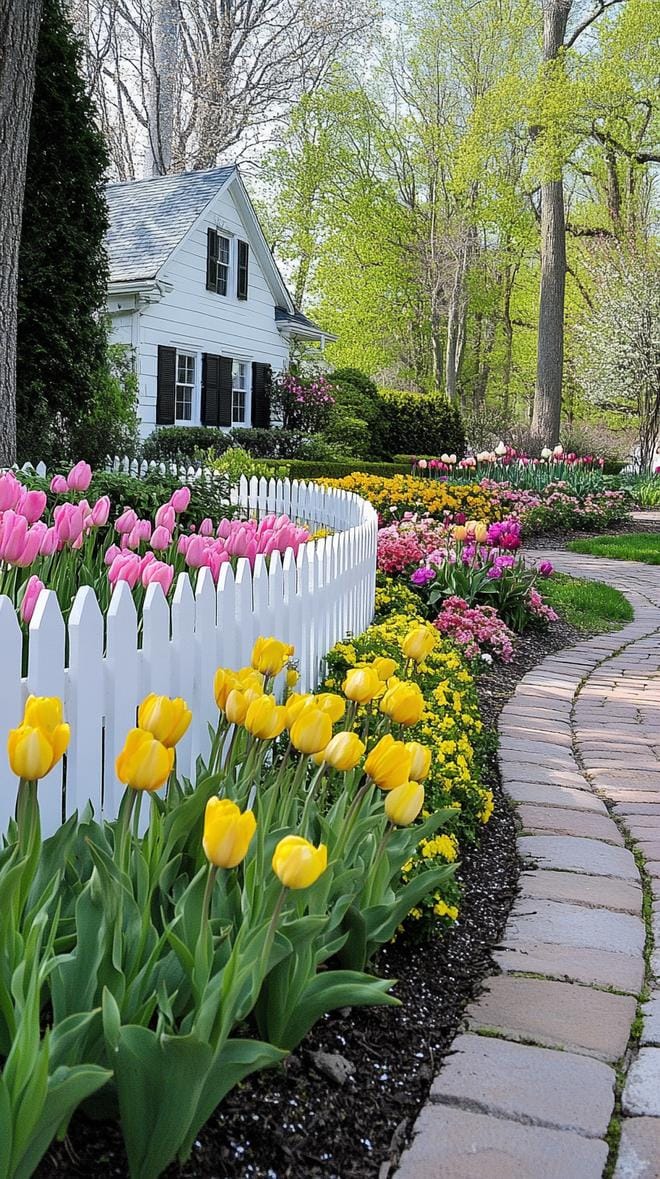 27 Charming Farmhouse Landscaping Ideas for a Beautiful Rustic Yard 7 2. White picket fence lined with lush garden beds-0