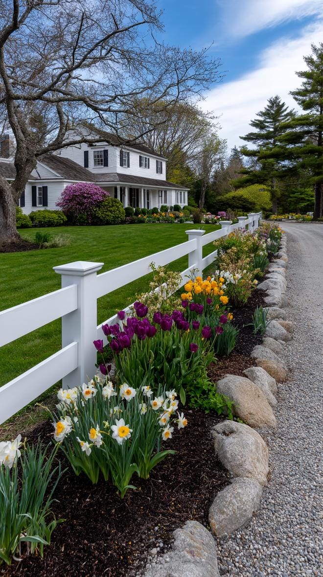 27 Charming Farmhouse Landscaping Ideas for a Beautiful Rustic Yard 8 2. White picket fence lined with lush garden beds-1