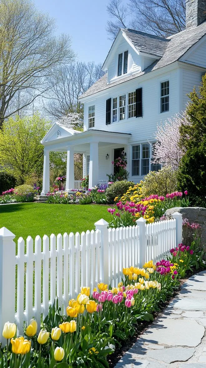 27 Charming Farmhouse Landscaping Ideas for a Beautiful Rustic Yard 8 2. White picket fence lined with lush garden beds-2