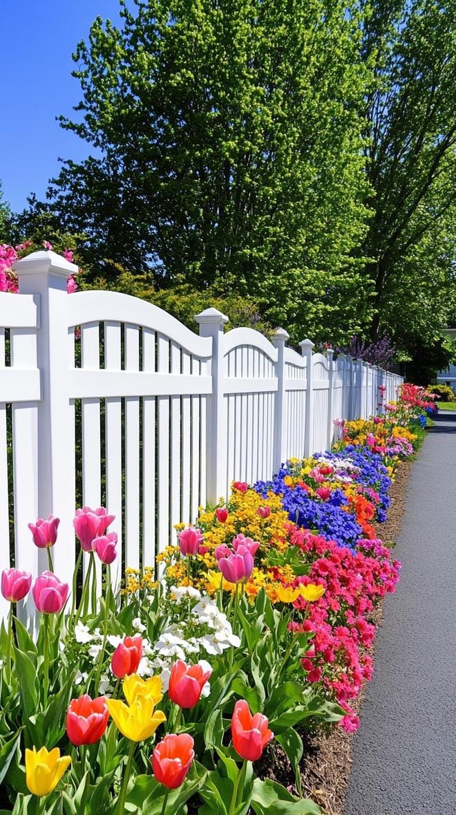 35 Unique Privacy Fence Ideas for a More Private Backyard 38 14. White vinyl privacy fence with flower beds-0
