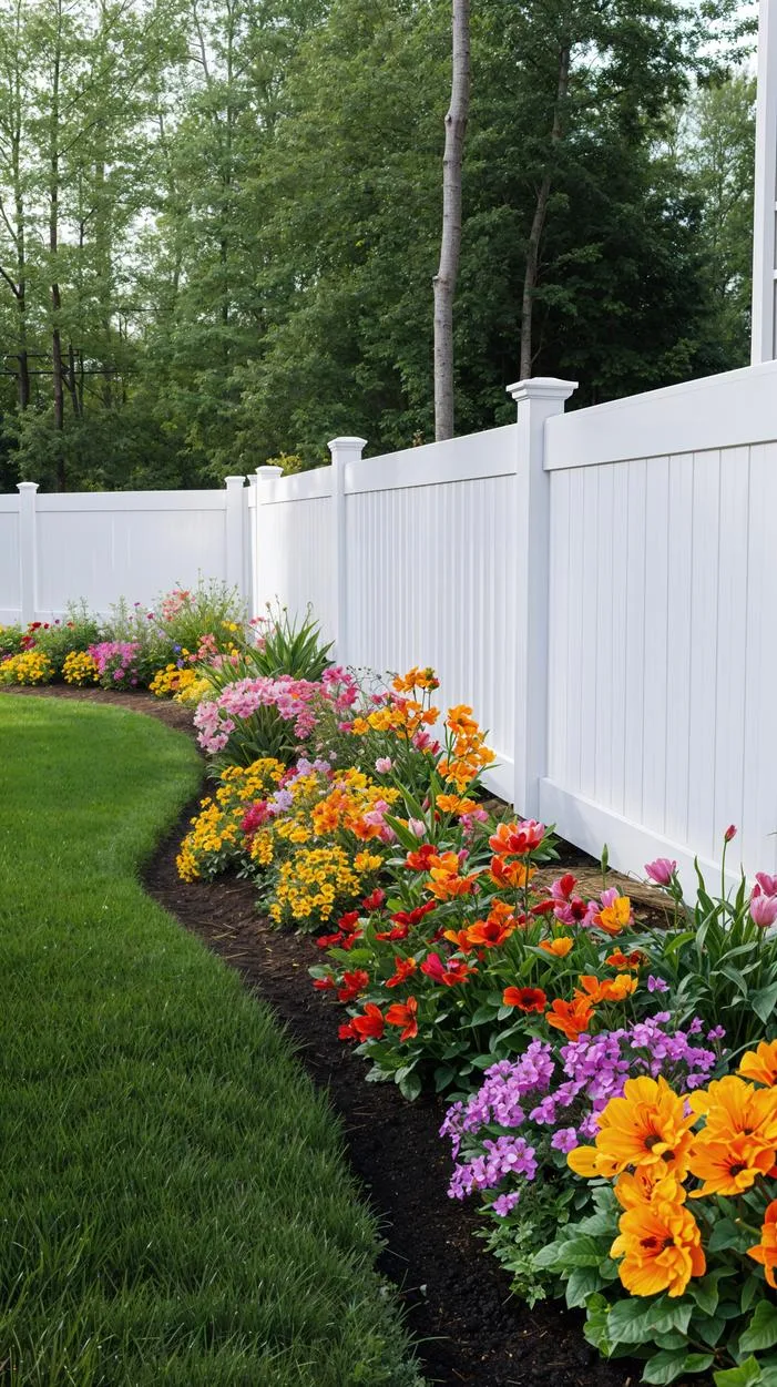 14. White vinyl privacy fence with flower beds-1