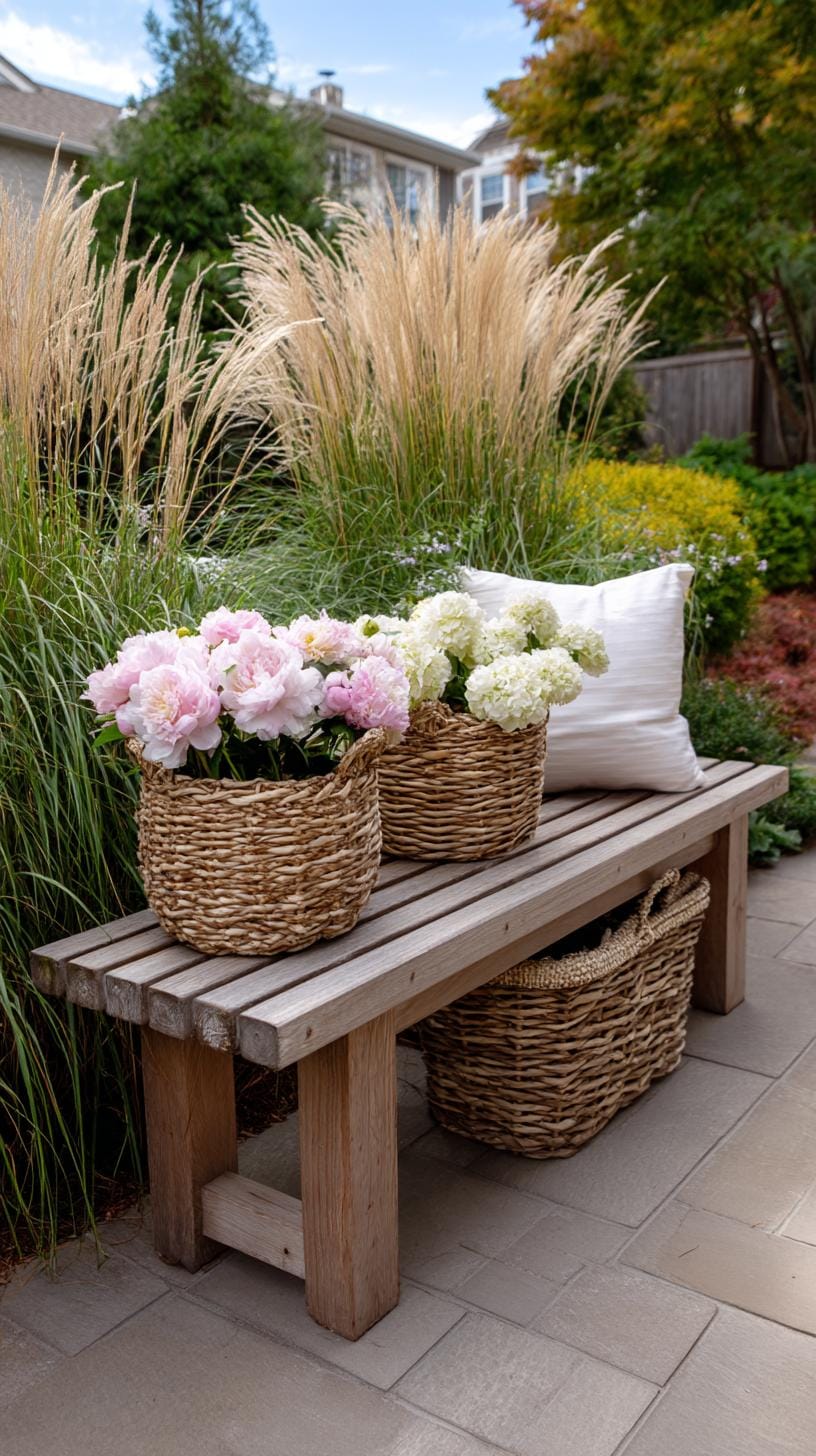 29 Vintage Garden Decor Ideas That Bring Rustic Charm Outdoors 95 24. Wicker baskets brimming with soft pastel florals-0