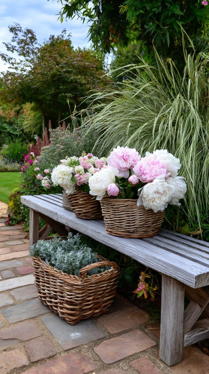 29 Vintage Garden Decor Ideas That Bring Rustic Charm Outdoors 98 24. Wicker baskets brimming with soft pastel florals-1
