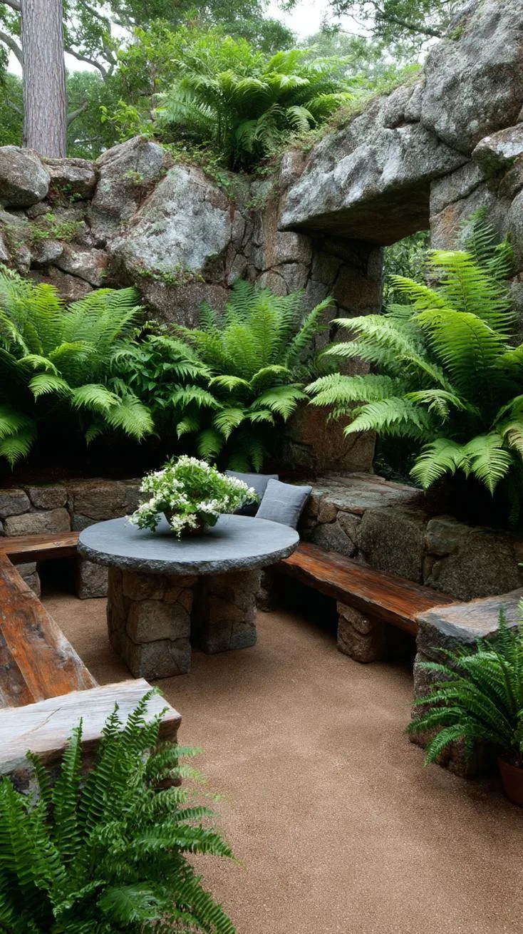 21. Wild fern oasis around rustic stone benches-1
