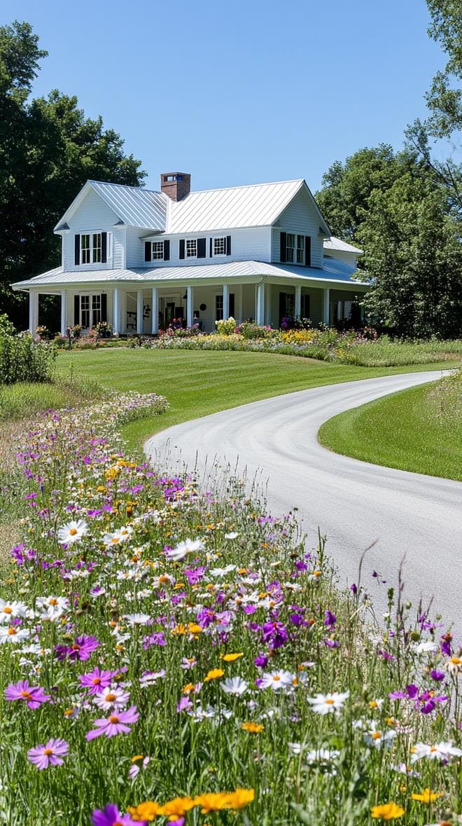 27 Charming Farmhouse Landscaping Ideas for a Beautiful Rustic Yard 64 23. Wildflower meadow transforming driveway into floral lane-0