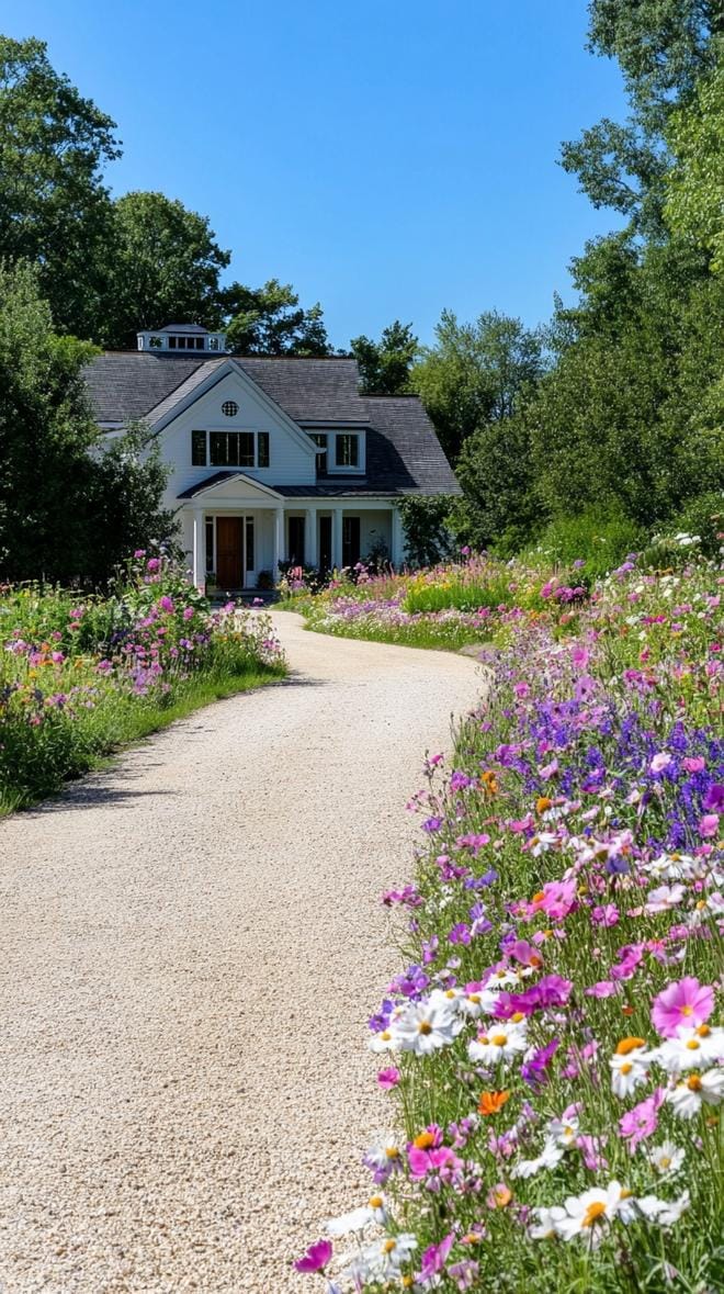 27 Charming Farmhouse Landscaping Ideas for a Beautiful Rustic Yard 65 23. Wildflower meadow transforming driveway into floral lane-1