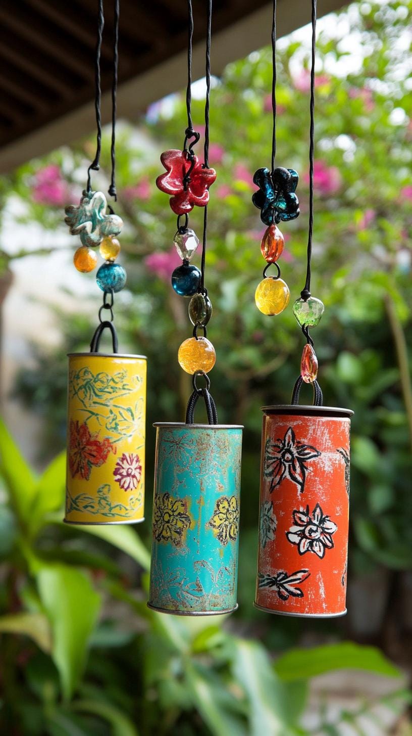 25 Rustic Farmhouse Garden Decor Ideas You Must See 3 1. Wind chimes made with upcycled tin cans and beads-0