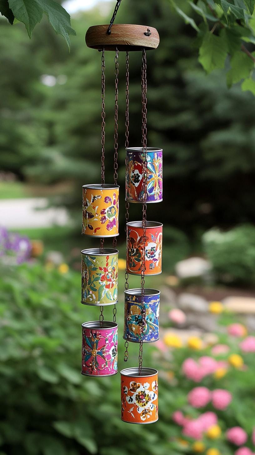 25 Rustic Farmhouse Garden Decor Ideas You Must See 4 1. Wind chimes made with upcycled tin cans and beads-1