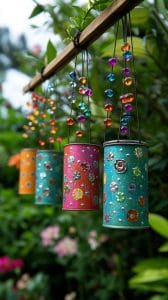 25 Rustic Farmhouse Garden Decor Ideas You Must See 1 1. Wind chimes made with upcycled tin cans and beads-2