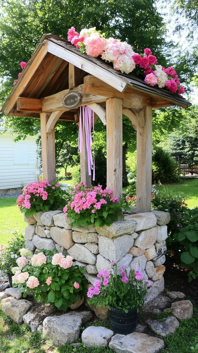 37 Whimsical Garden Ideas for a Magical Backyard 59 23. Wishing well adorned with pastel blooms-1