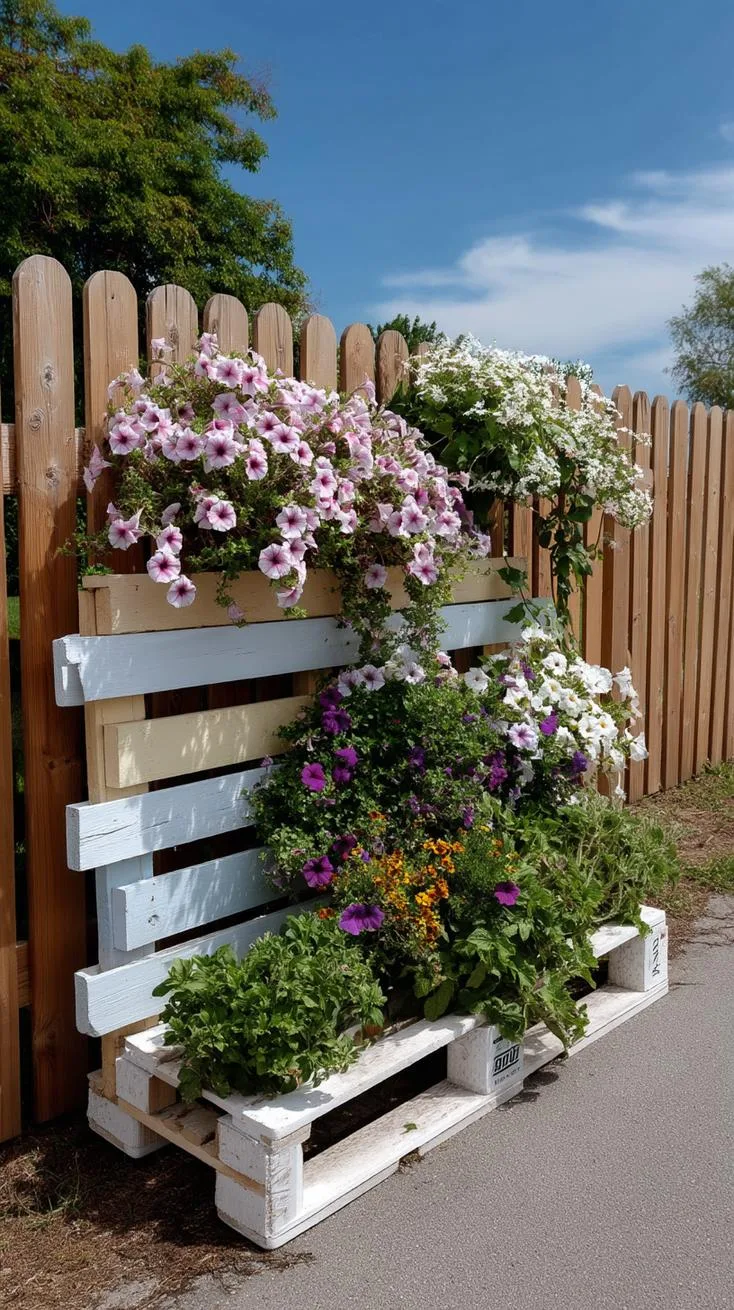 22. Wooden pallet vertical garden blooming with petunias-0