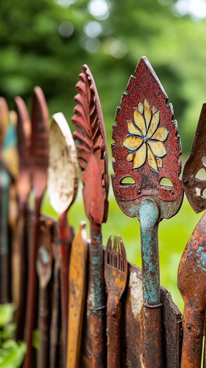 25 Rustic Farmhouse Garden Decor Ideas You Must See 43 22. Worn garden tools arranged into a decorative fence-0