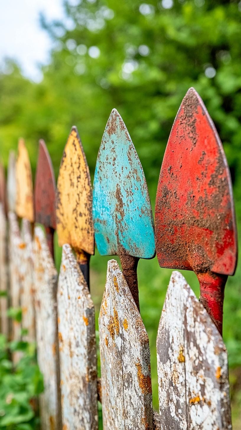 25 Rustic Farmhouse Garden Decor Ideas You Must See 44 22. Worn garden tools arranged into a decorative fence-1