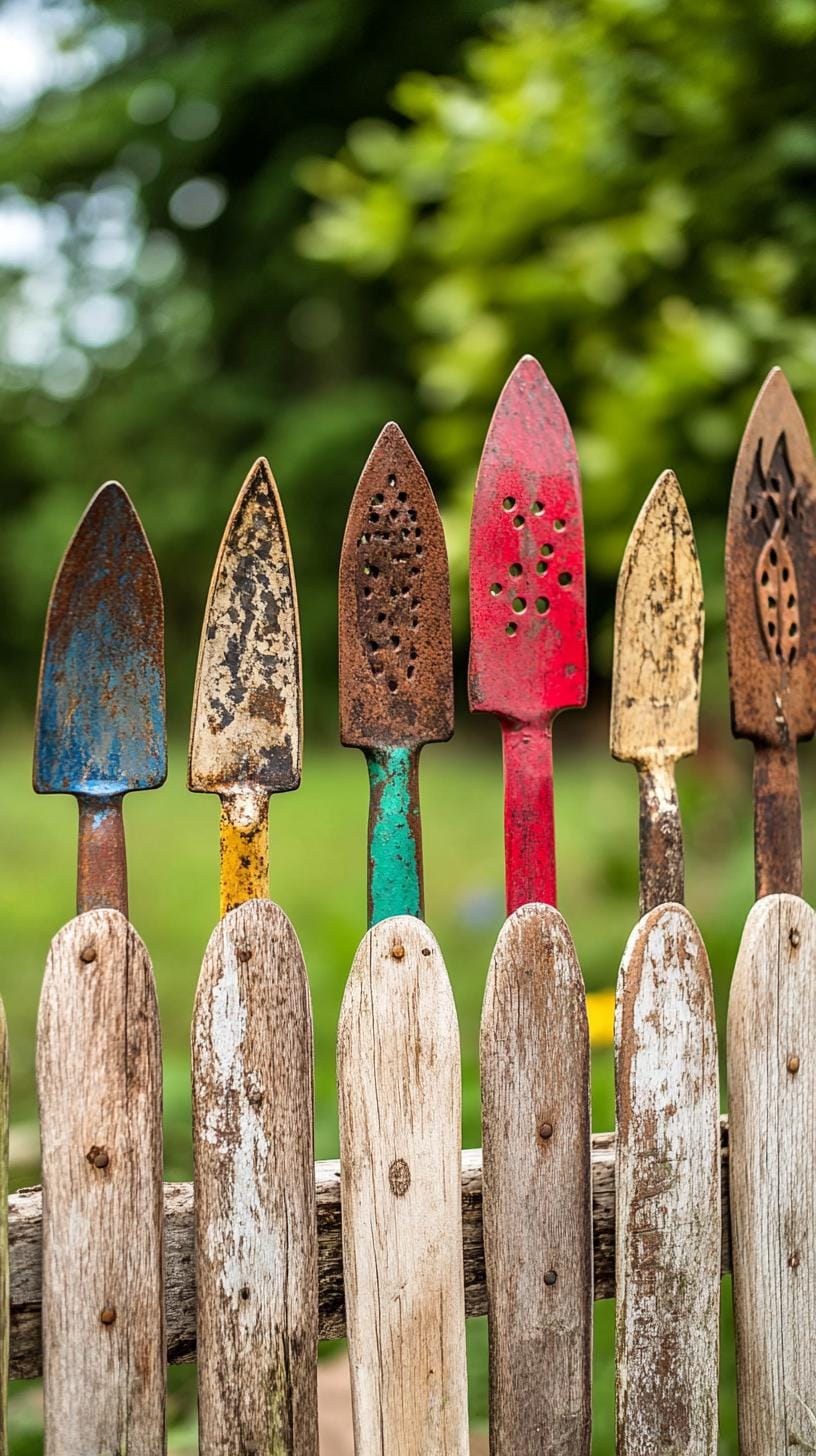 25 Rustic Farmhouse Garden Decor Ideas You Must See 45 22. Worn garden tools arranged into a decorative fence-2