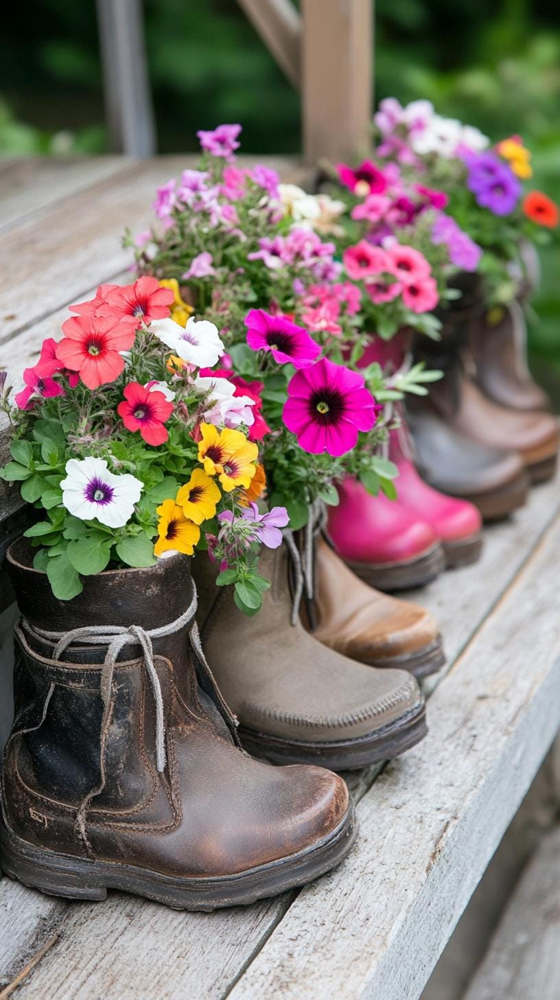 29 Vintage Garden Decor Ideas That Bring Rustic Charm Outdoors 41 10. Worn-out boots filled with colorful petunias-0