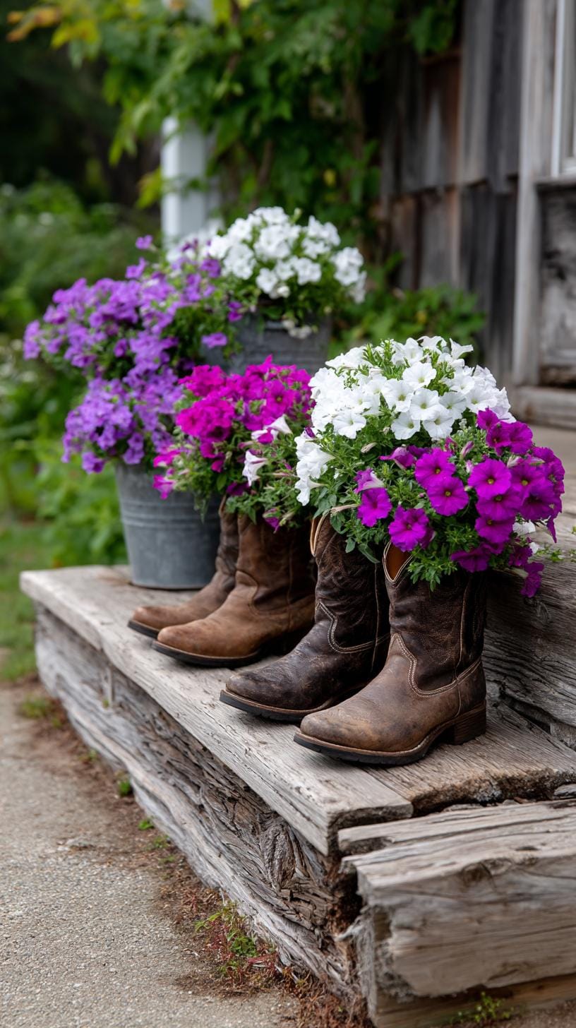 29 Vintage Garden Decor Ideas That Bring Rustic Charm Outdoors 44 10. Worn-out boots filled with colorful petunias-1