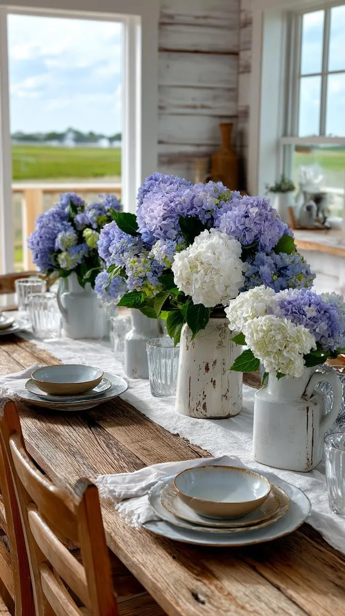 27 Dreamy Farmhouse Summer Decor Inspirations to Refresh Your Space 31 antique milk jugs filled with fresh hydrangeas on farmhouse dining tables 1