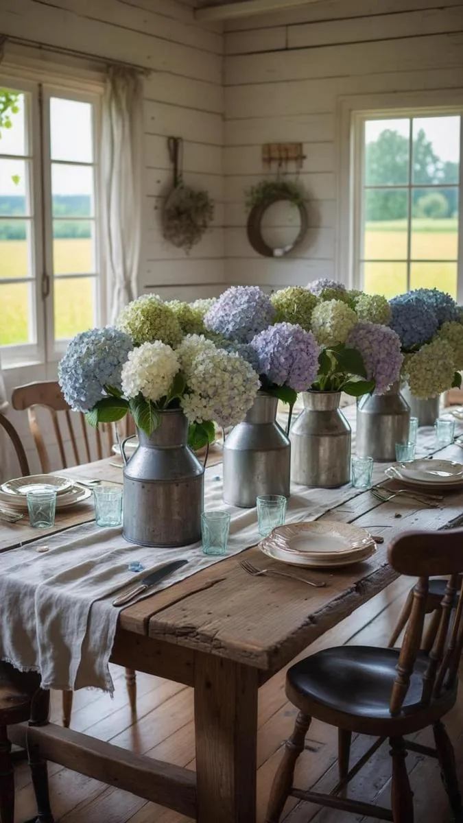 27 Dreamy Farmhouse Summer Decor Inspirations to Refresh Your Space 32 antique milk jugs filled with fresh hydrangeas on farmhouse dining tables 1