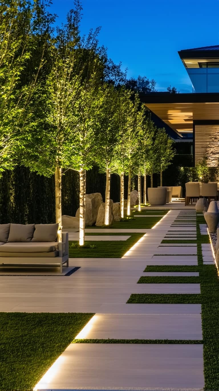architectural lighting highlighting statement trees and garden sculptures 1