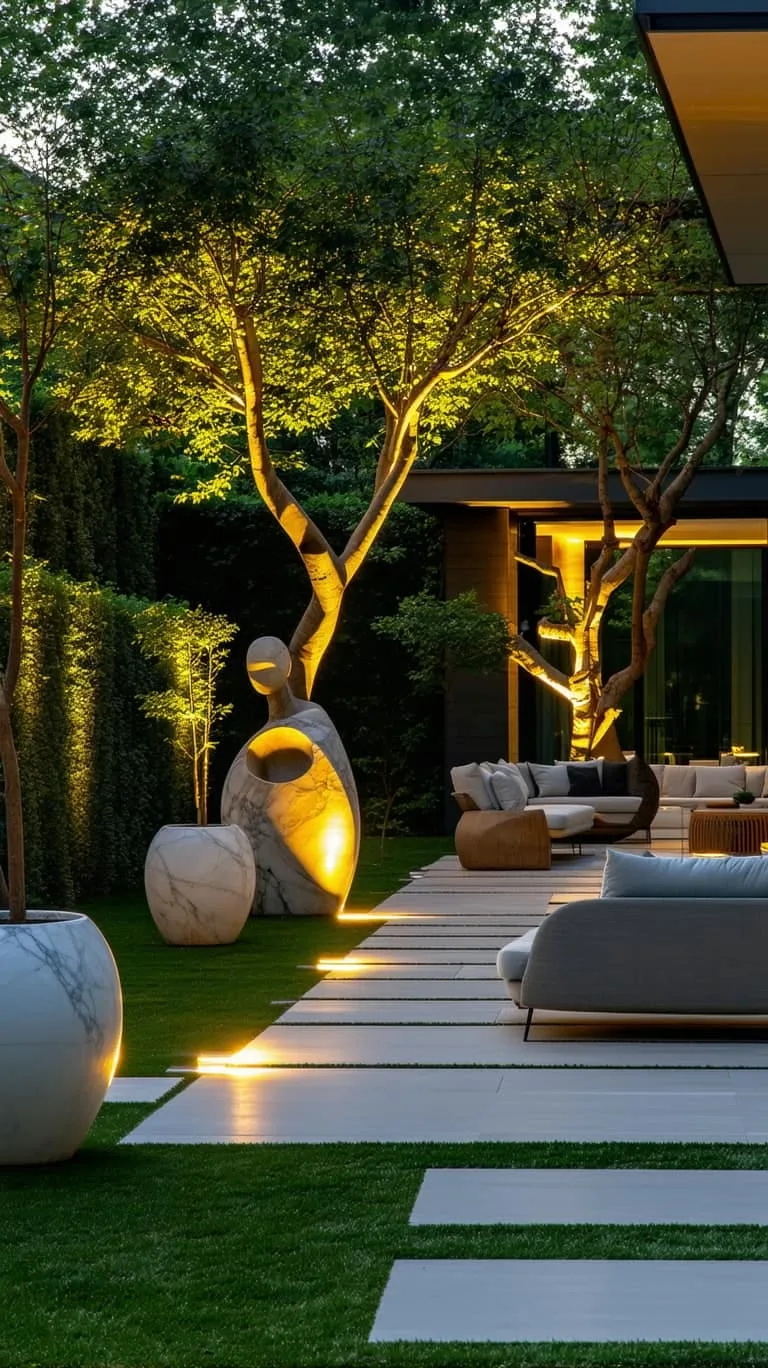architectural lighting highlighting statement trees and garden sculptures 1