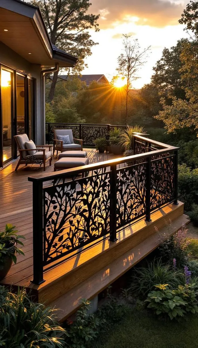 artistic deck railing with laser-cut metal nature patterns 1