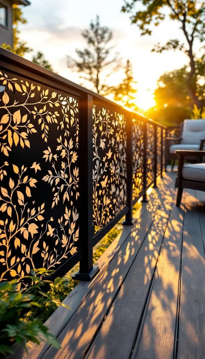 artistic deck railing with laser-cut metal nature patterns 1