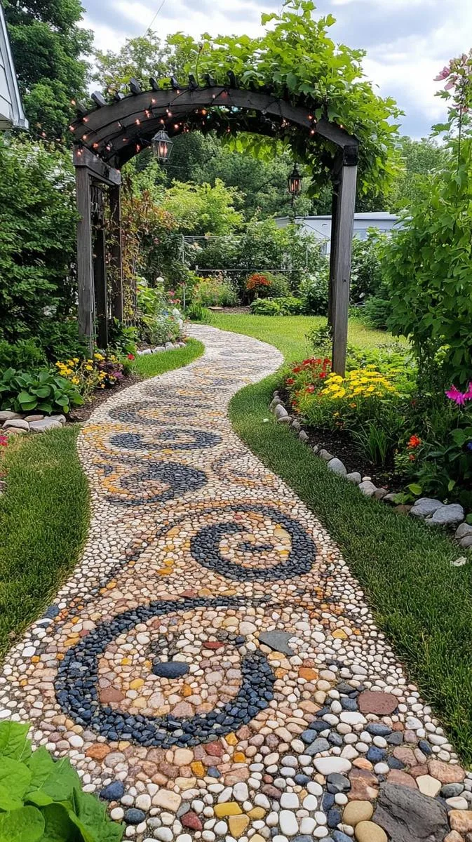 artistic mosaic pebble walkway leading to a whimsical arbor 1