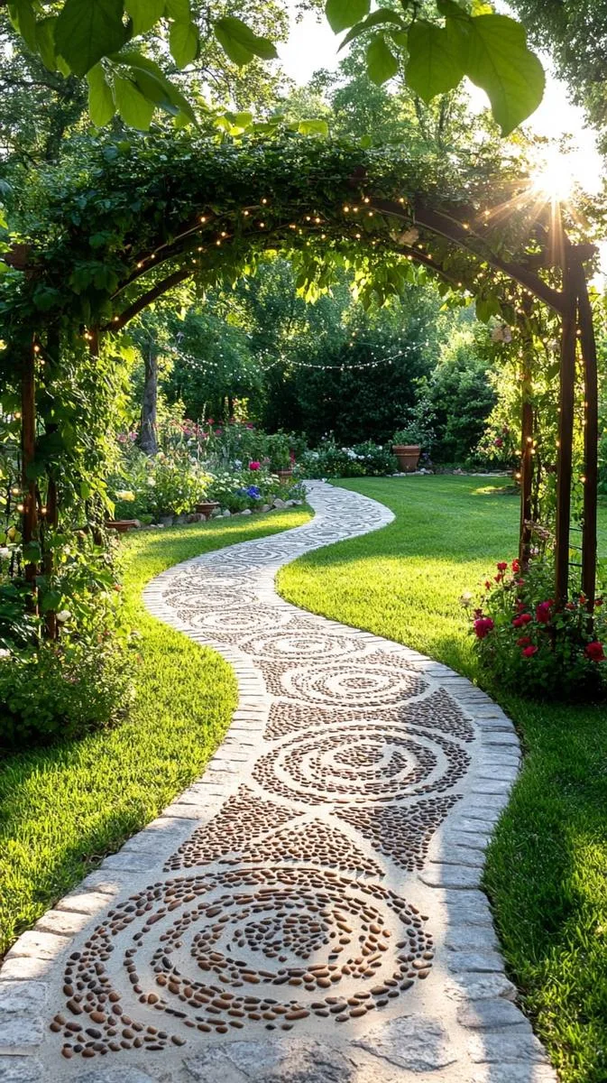 artistic mosaic pebble walkway leading to a whimsical arbor 1