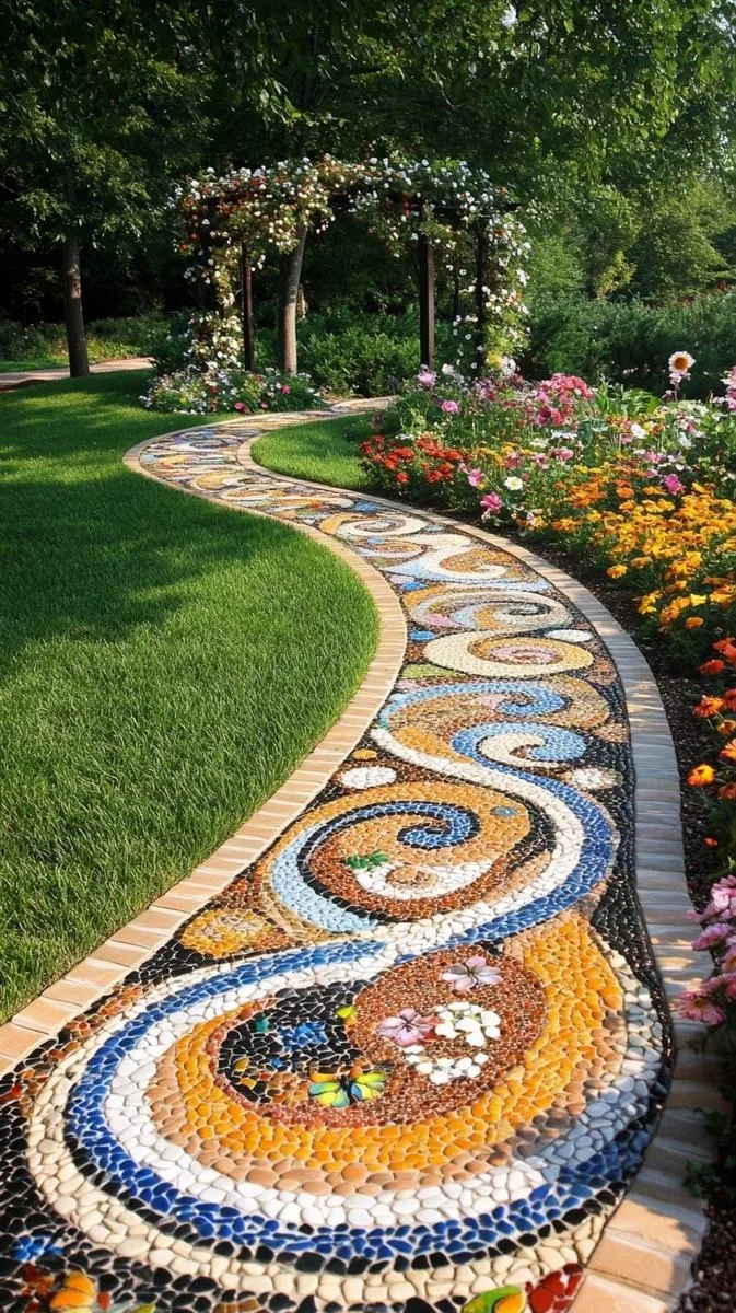 artistic mosaic pebble walkway leading to a whimsical arbor 1
