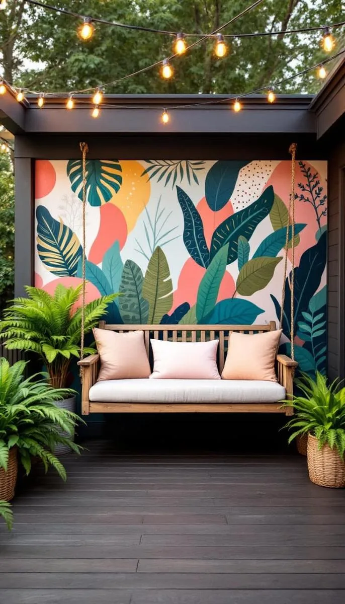 artistic mural deck wall with cozy bench swing and surrounding potted ferns 1