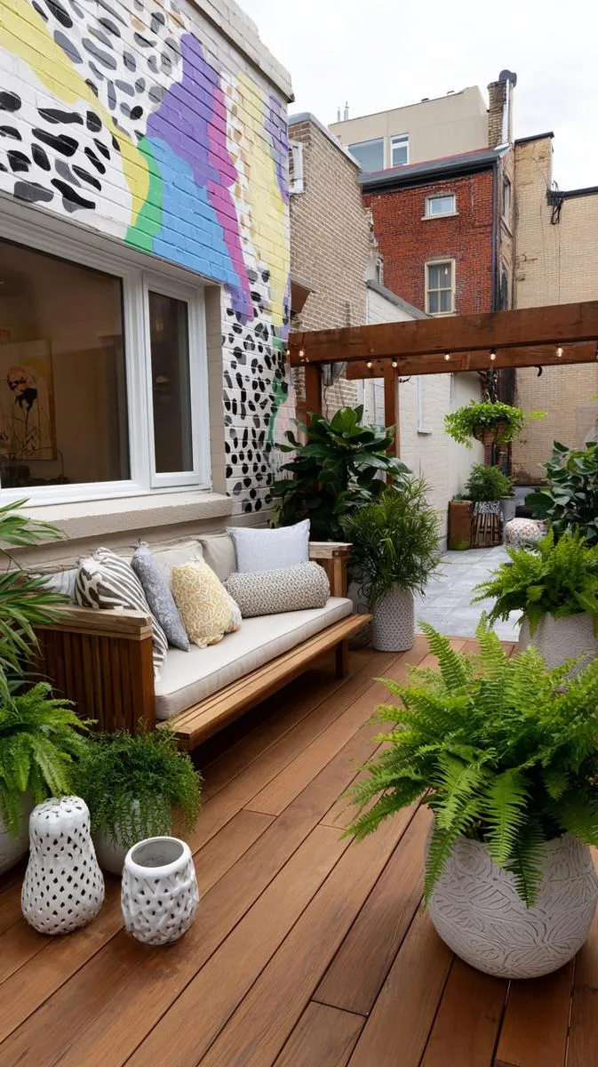 artistic mural deck wall with cozy bench swing and surrounding potted ferns 1