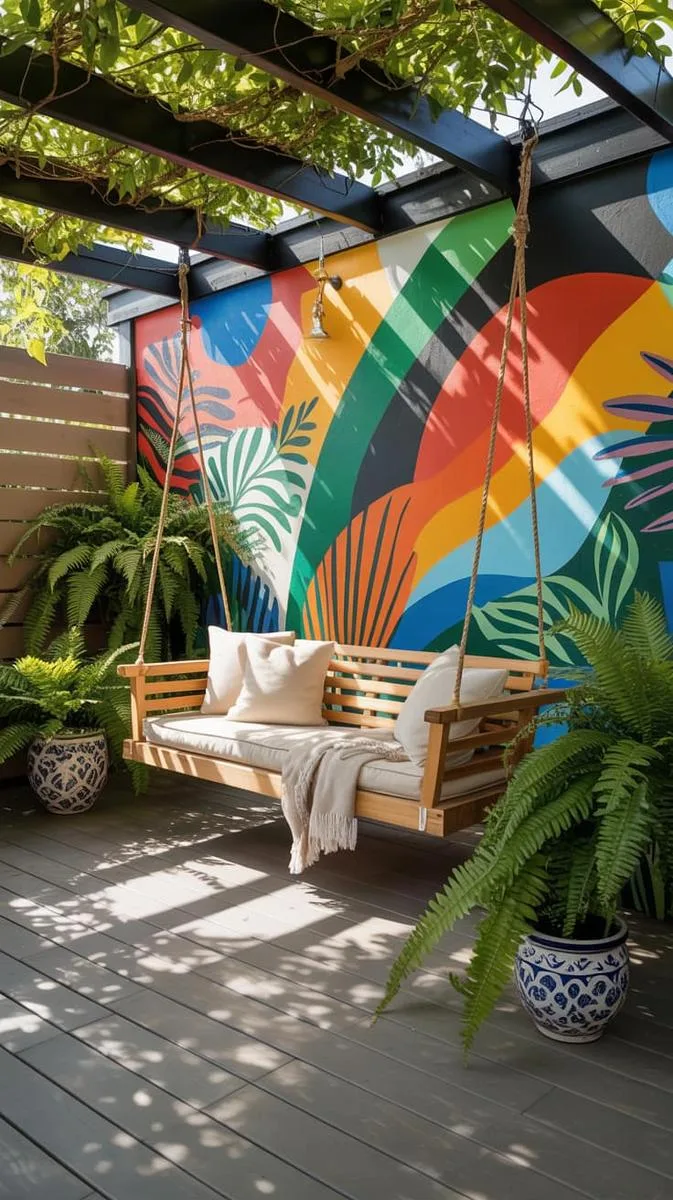 artistic mural deck wall with cozy bench swing and surrounding potted ferns 1