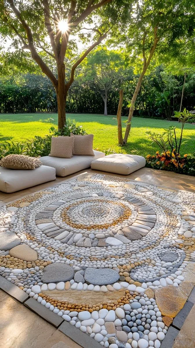 23 Inspiring Backyard No Deck Ideas to Try This Season 14 artistic pebble mosaic rug for a barefoot meditation area 1