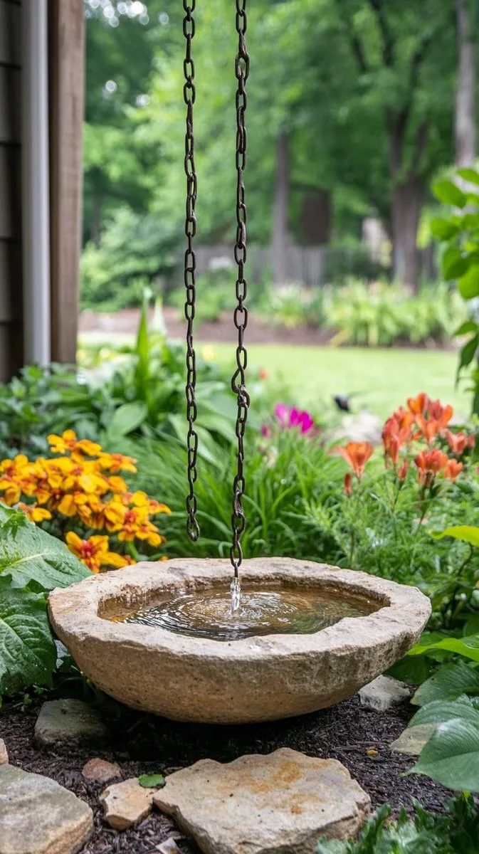 artistic rain chain water feature feeding a birdbath oasis 1