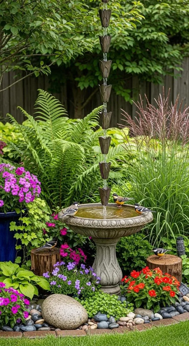artistic rain chain water feature feeding a birdbath oasis 1