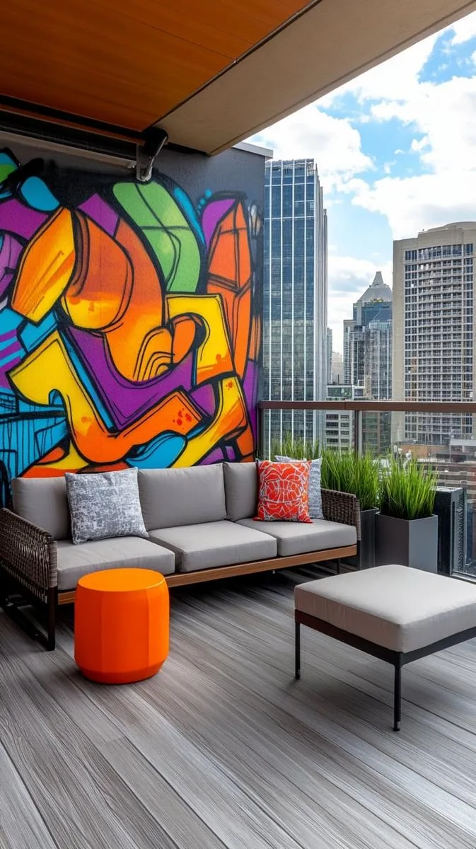 artistic rooftop mural wall paired with modern modular seating 1