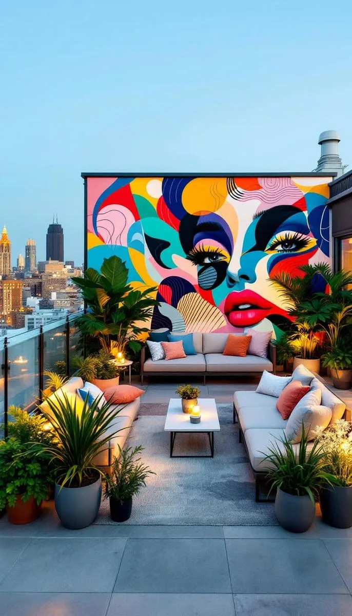 artistic rooftop mural wall paired with modern modular seating 1